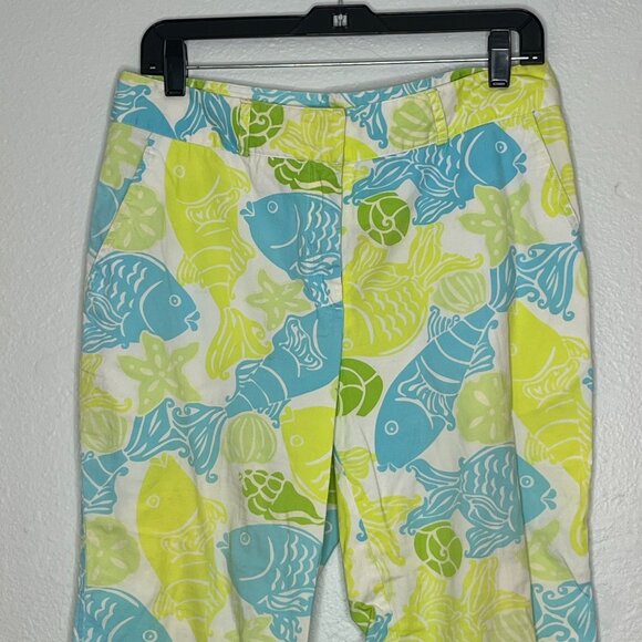 Lilly Pulitzer Vintage Fish Print Glow‎ Crop Pants Green Blue Size 10 Cotton - Picture 2 of 7